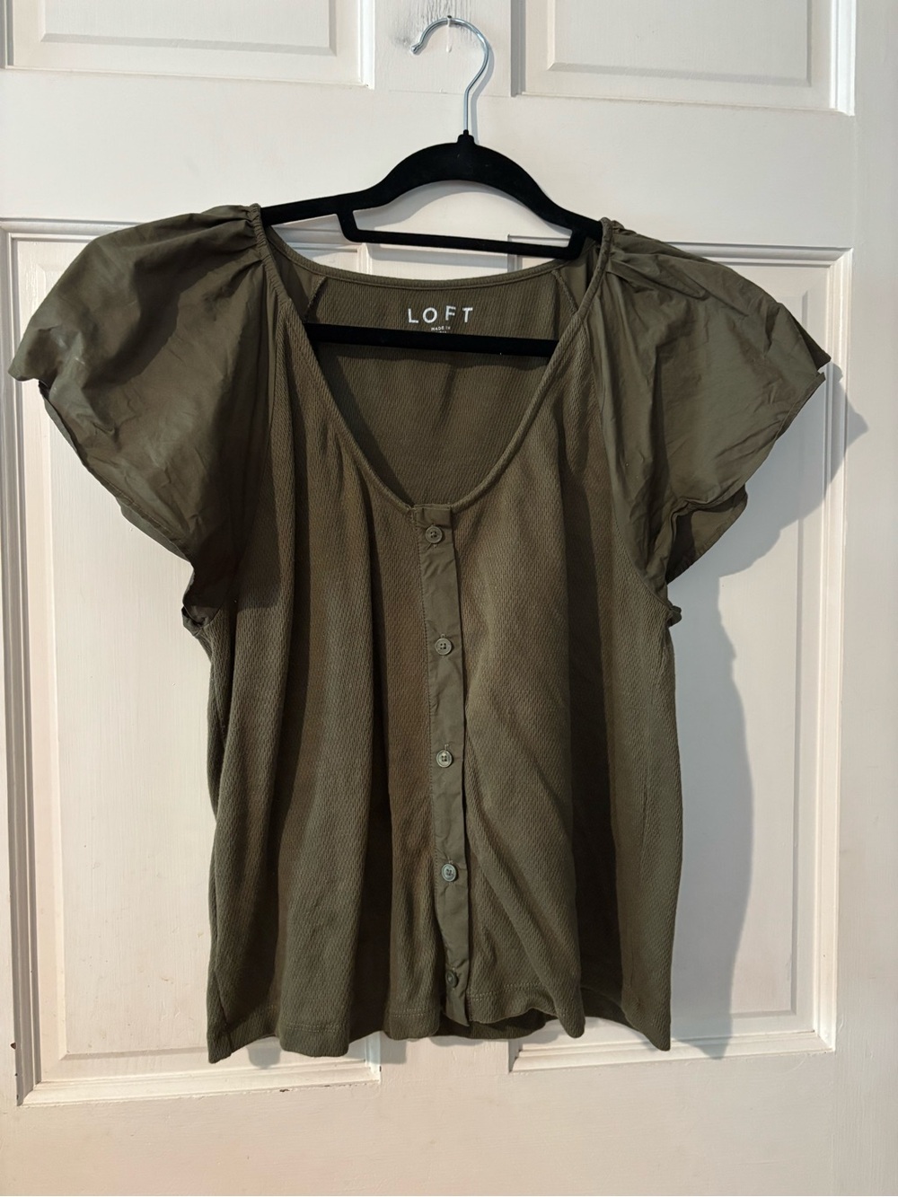 LOFT Olive Green Short Sleeve Button Front Blouse